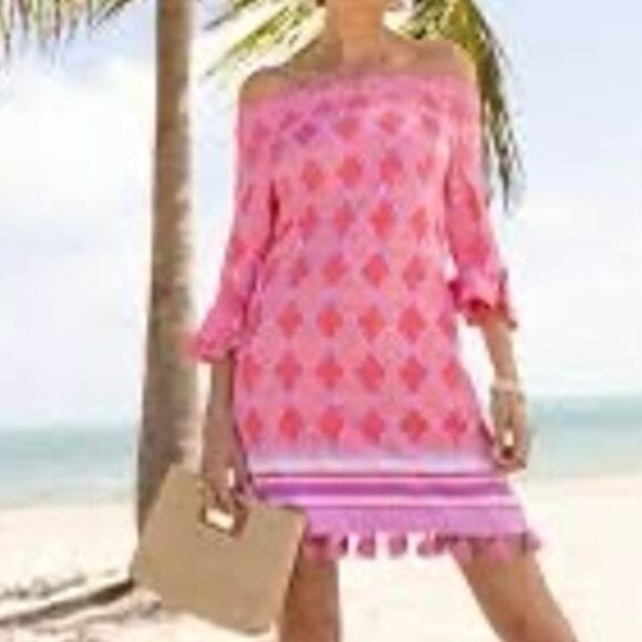 Cabana Life Dresses & Skirts - CABANA LIFE Coral Geo Off Shoulder Shift Dress 50SPF Bell Sleeve Tassels Sz M